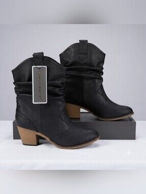 New Charles Albert Women's Black Slouchy Ankle Boots Faux Leather Block Heel NWT